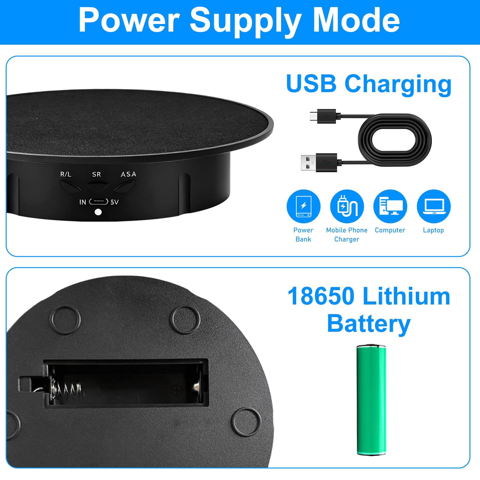 Piatto girevole elettrico per fotografia, 90/180 gradi, supporto girevole motorizzato con 5 sfondi, piatto girevole da 20 cm, supporto da tavolo 8 kg per video dal vivo, digitale, orologi (nero)