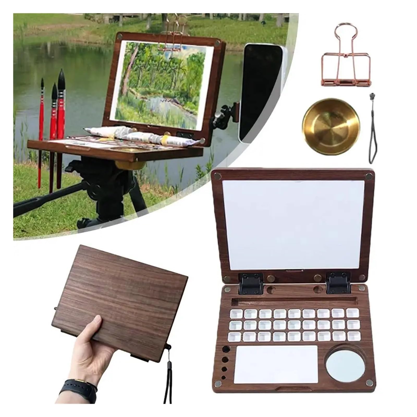 Caja de acuarela de madera multifuncional portátil para pintura de viaje, paleta de arte al óleo/gouache