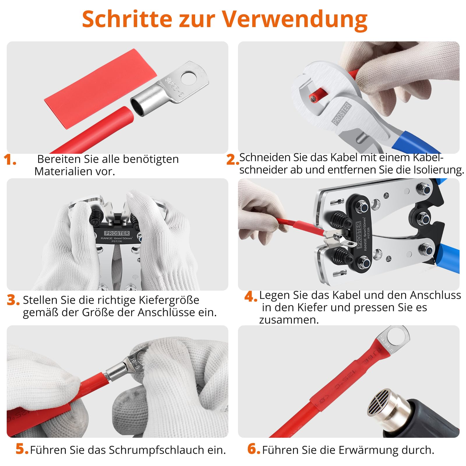Proster Batterie Kabel Crimpzange Kit Kabelschuhe 6-50mm² mit 100 PCS AWG 10 8 6 4 （SC6-6-SC25-8）Bolzenloch Kupfer-Rohrkabelschuhen Quetschverbinder Kabelschuhzange