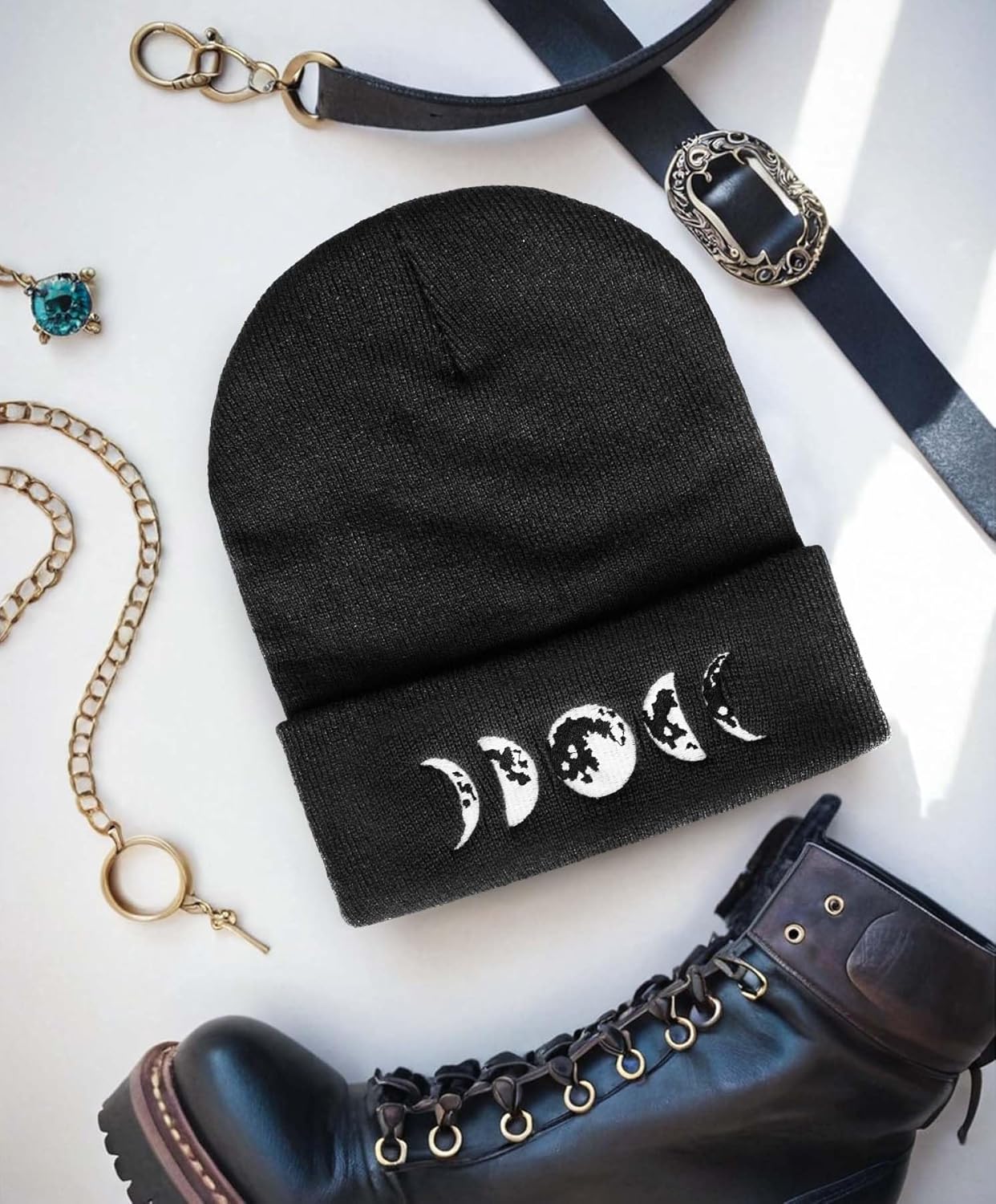 Gothic Moon Phase Skull Beanie Hats for Men Women, Warm Embroidery Winter Hat for Birthday Christmas & New Year - Image 4