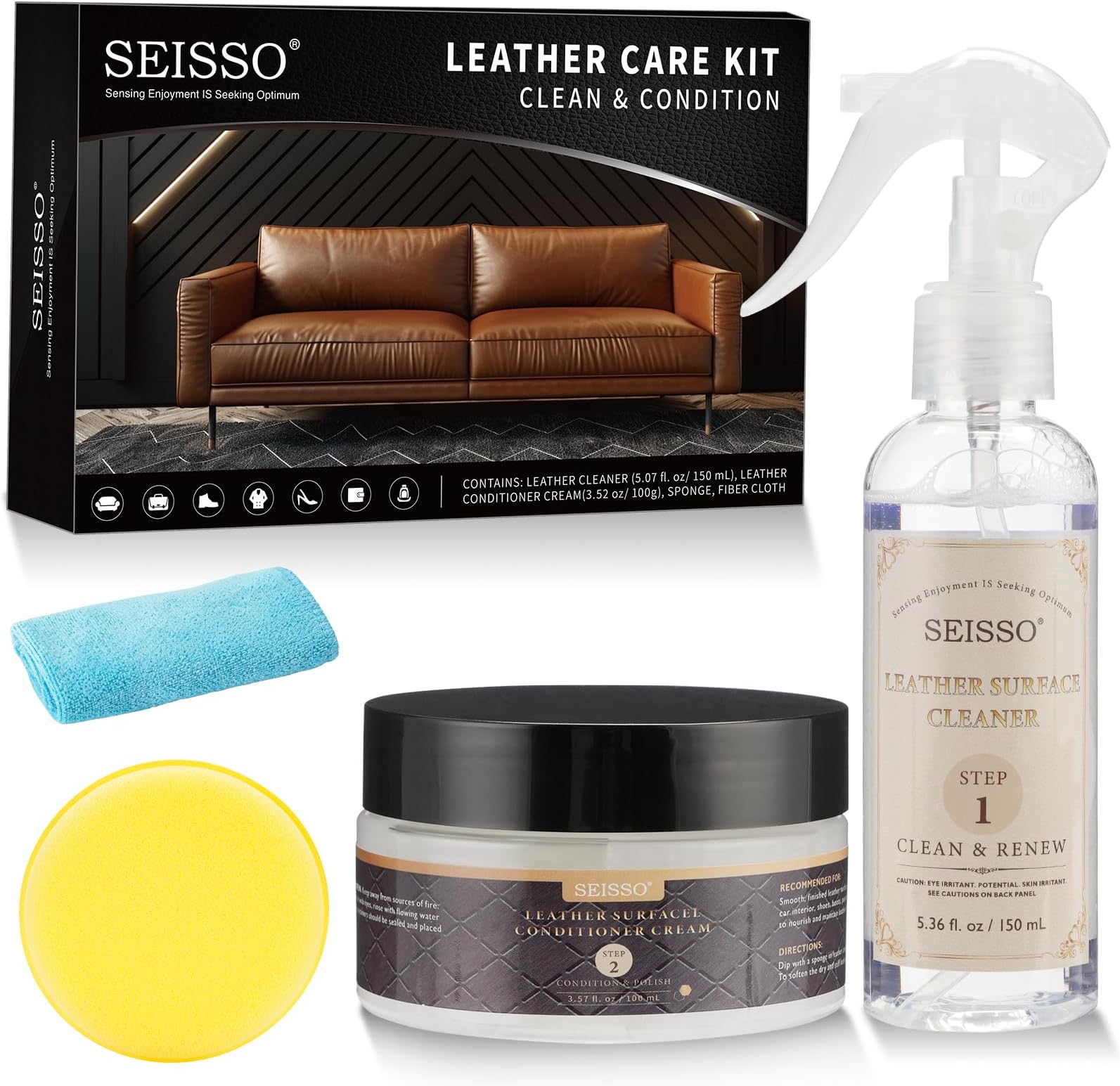 SEISSO Leather Cleaner and Conditioner Kit, Leather Care Set for Couch,Furniture,Auto Interior,Car Seat,Shoes,Boots,Bag,Purse,Jacket, Remove Leather Dirt Grime Stain Rejuvenate All Leather Vinyl Item