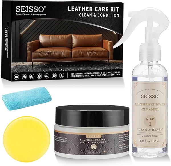 SEISSO Leather Cleaner and Conditioner Kit, Leather Care Set for Couch,Furniture,Auto Interior,Car Seat,Shoes,Boots,Bag,Purse,Jacket, Remove Leather Dirt Grime Stain Rejuvenate All Leather Vinyl Item