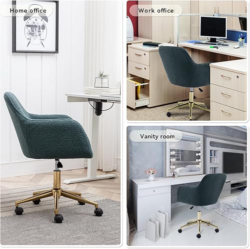 Miniatura 5 de Silla de oficina en casa de terciopelo, bonita silla giratoria de escritorio con ruedas, moderna silla de tocador ajustable con base dorada para