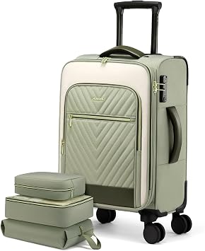 LOVEVOOK Carry-On Luggage 22x14x9 Airline Approved, 21" Soft Sided Suitcase with Casters, Lightweight Spinner Carry On Suitcase with TSA Lock, Bean Green/Rice White