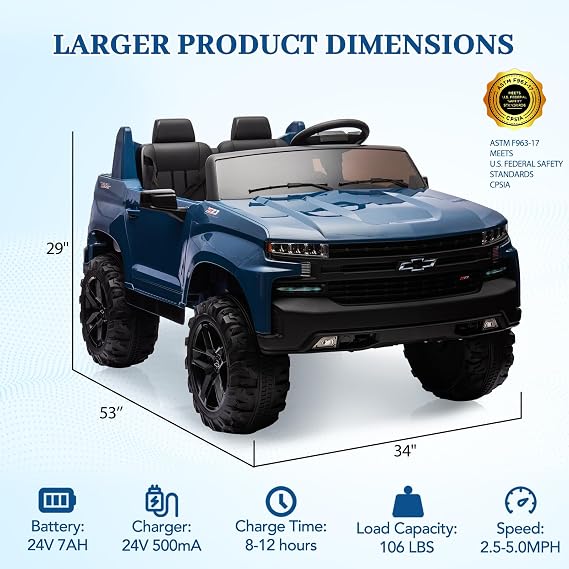 Jojoka Baby Car 24V 2-Seater Truck Licensed Chevrolet Silverado Ride On Toy w/Parent Remote Control,4xSpring Suspension, Wireless Music, Electric Vehicle Car for Kids Ages 3-8,Blue