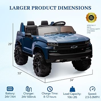 Jojoka Baby Car 24V 2-Seater Truck Licensed Chevrolet Silverado Ride On Toy w/Parent Remote Control,4xSpring Suspension, Wireless Music, Electric Vehicle Car for Kids Ages 3-8,Blue