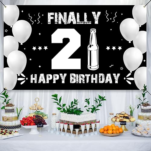 Miniatura 5 de Cartel de fondo de feliz cumpleaños 21, decoraciones de cumpleaños de 21 años para él y ella, negro y plateado, decoración de cumpleaños 21 para