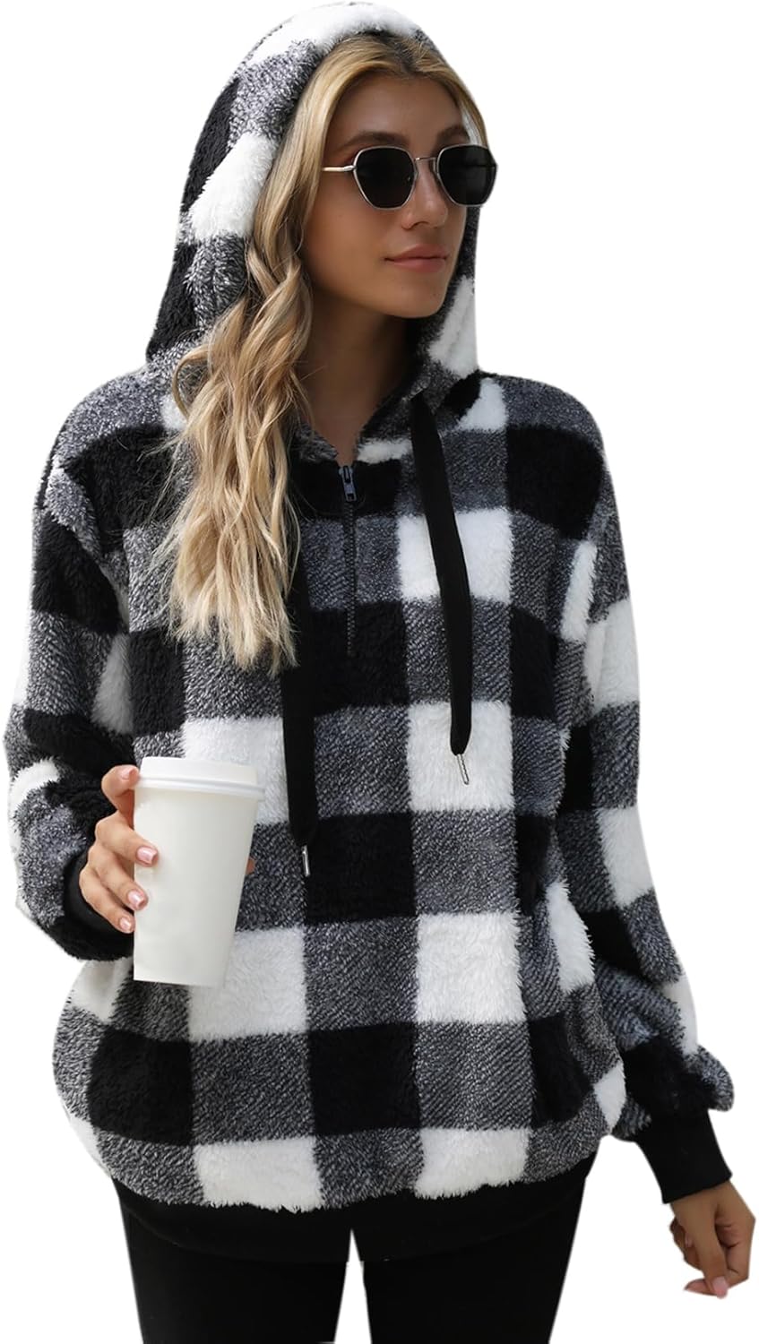 Nirovien Womens Sherpa Pullover Oversized Fuzzy Hoodie Double Fleece Sweatshirts Fluffy Plaid Outerwear Warm Coats - Image 4