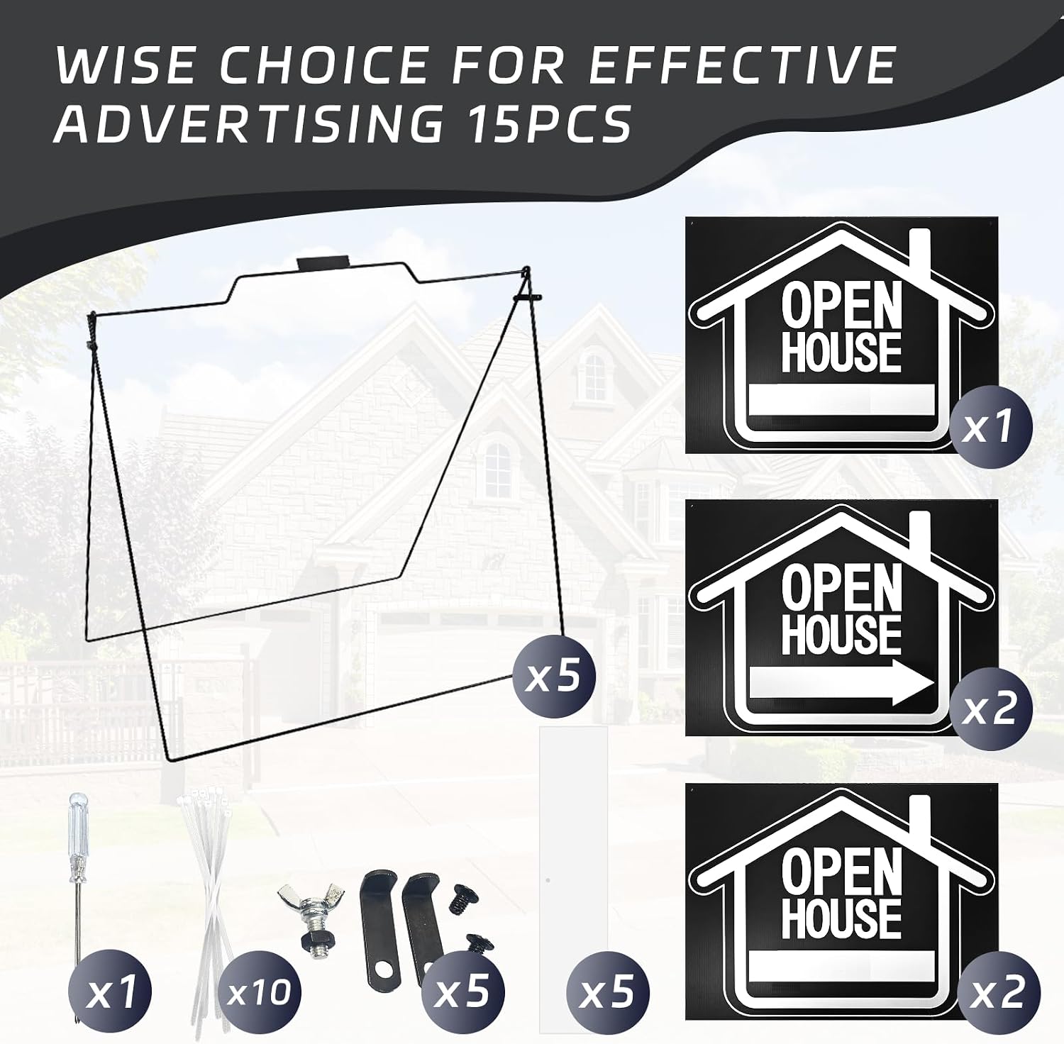 5 Pack Open House Signs for Real Estate - Real Estate Signs with 30“x28" 5 A-Frame Stands – Weatherproof Open House Banner and Realtor Sign