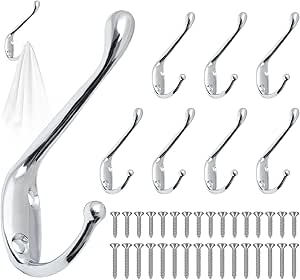 Sliver Coat Hook, 8pcs Vintage Metal Coat Hooks, Dual Door Hook Wall Mounted, Individual Towel Hooks with 32 Screws for Hanging, Bathroom Bedroom Fitting Room