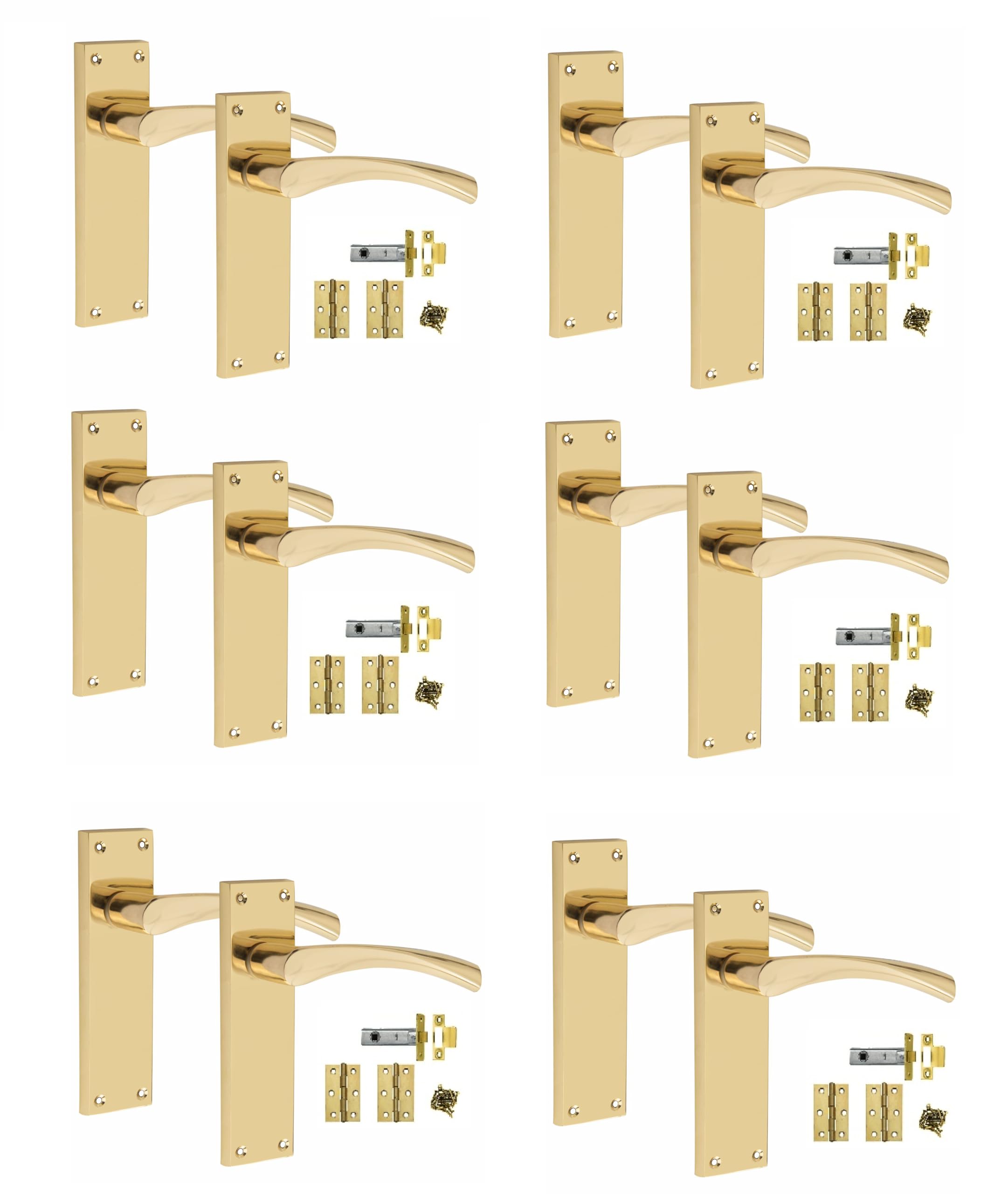 Golden Grace Polished Brass Victorian Scroll Astrid Door Handles Latch In With 1 Pair Of 3" Standard Butt Hinges & Latches Pack, 6 Sets - 150Mm X 40Mm Backplate