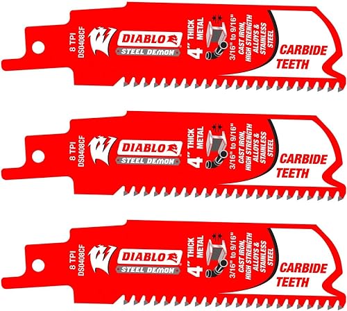 Diablo Steel Demon Carbide Teeth Reciprocating Saw Blades - 3-Pack | 4" Length, 8 TPI, Perma-Shield Coating for Thick Metal - DS0408CF3