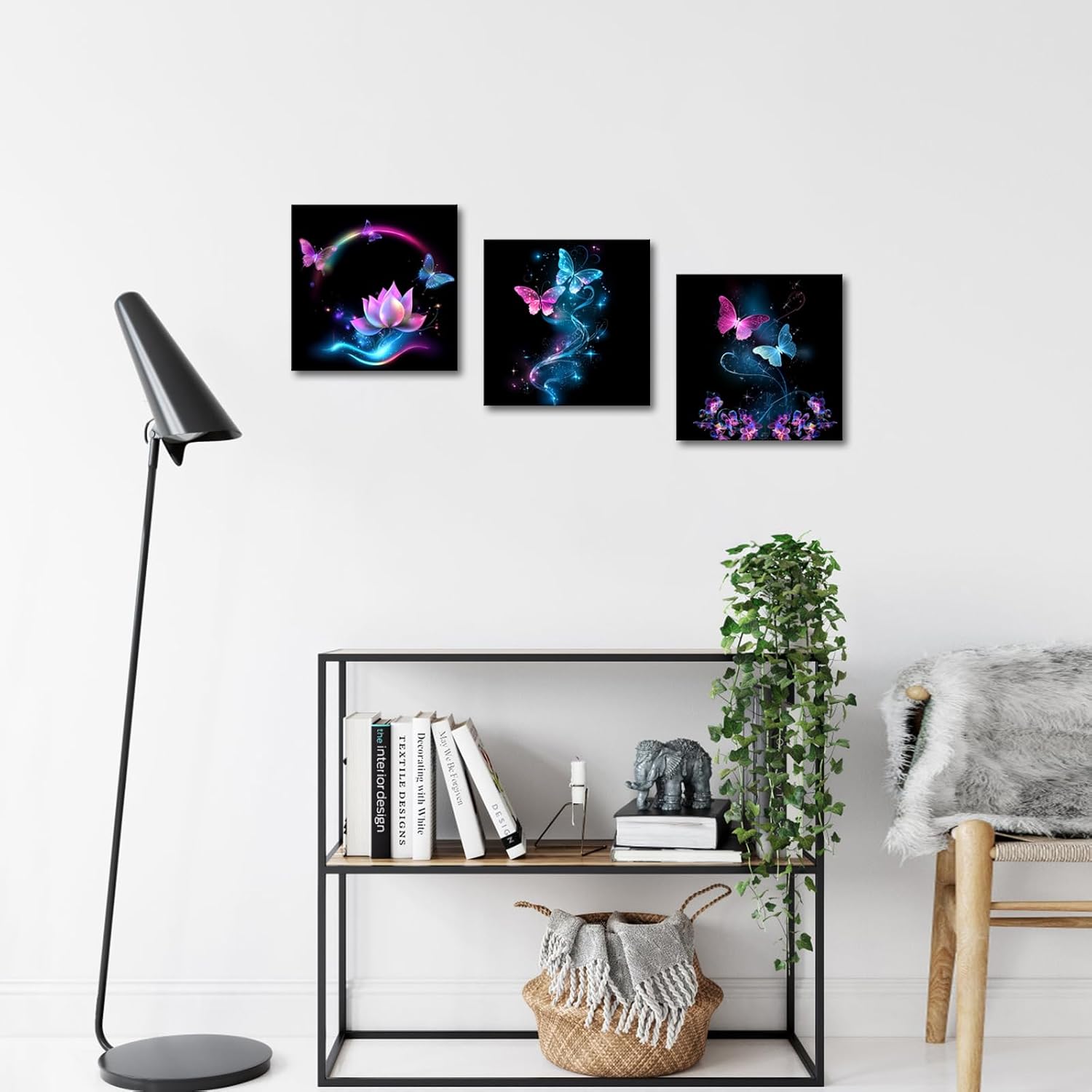iKNOW FOTO Canvas Set of 3 Abstract Purple Butterfly Wall Art Flower Painting on Canvas Contemporary Artwork for Bathroom Bedroom Wall Decor Ready to Hang Each Size 12x12inch