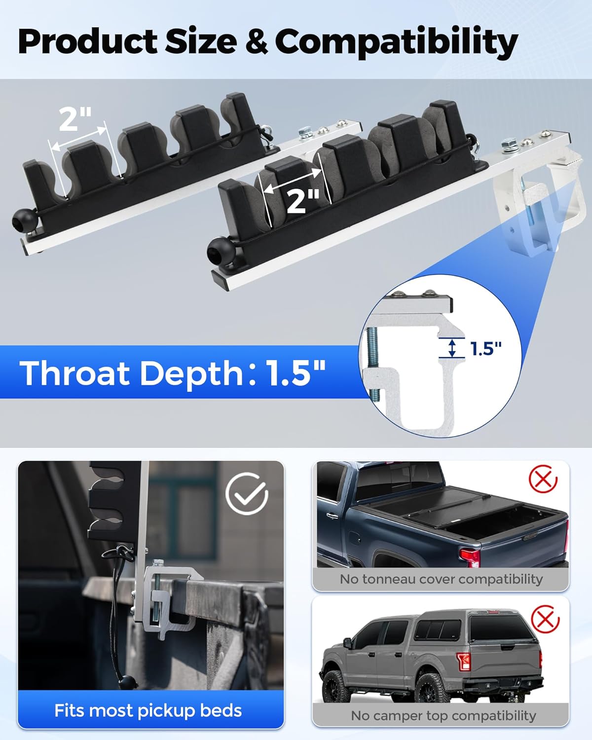 Aluminum Fishing Rod Holder for Truck Bed Holds 4 Fishing Rods, Truck Bed Fishing Rod Holder for Pickup