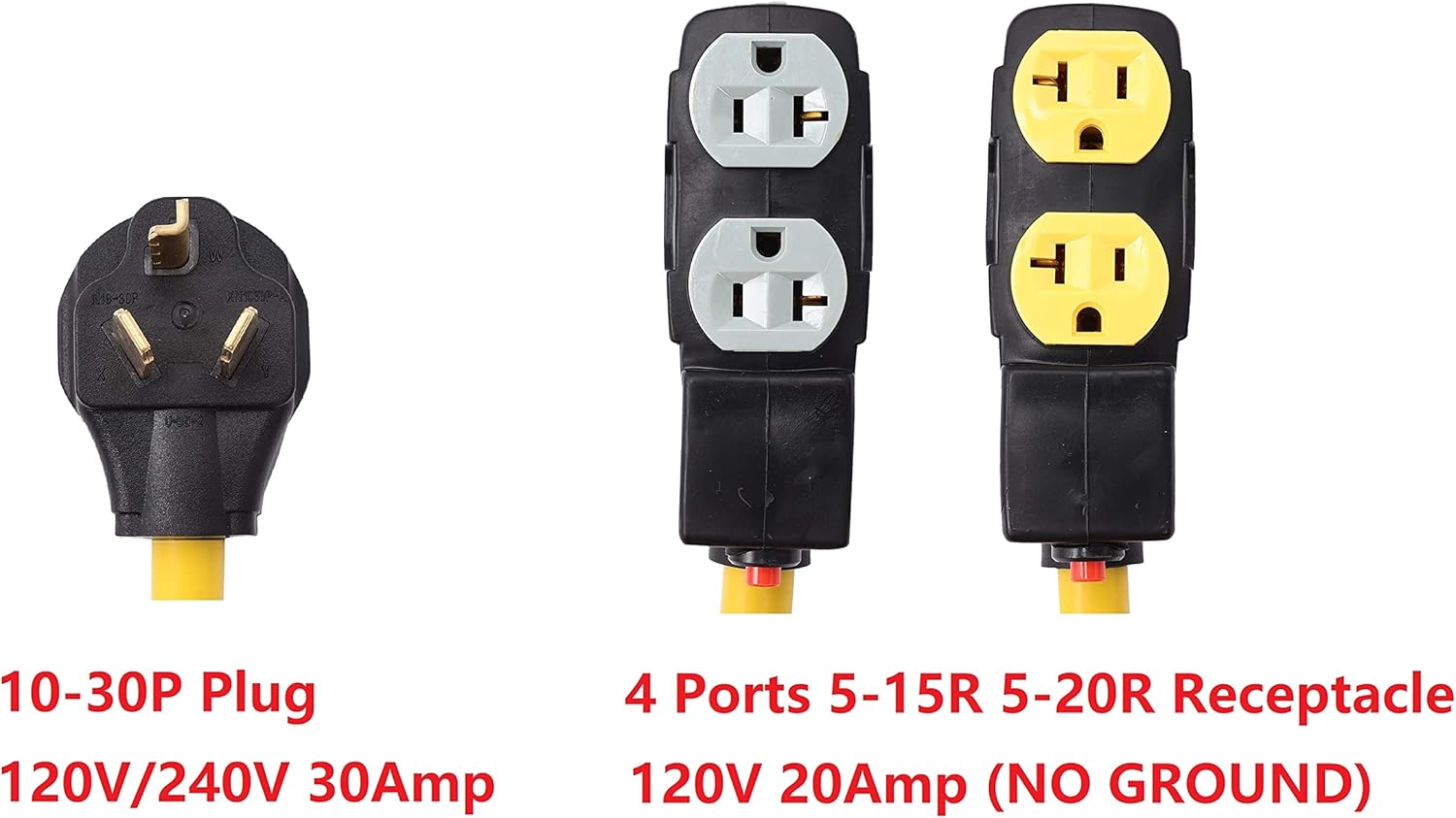 NEMA 10-30P to 4 Outlet Port 5-15R 5-20R 1.5 FT 10 AWG W/Current Protector 120/240V 3 Prong Male Plug to 120V 20 Amp Home Appliance 3 Prong Female Receptacle RV Generator Power Cord Adapter