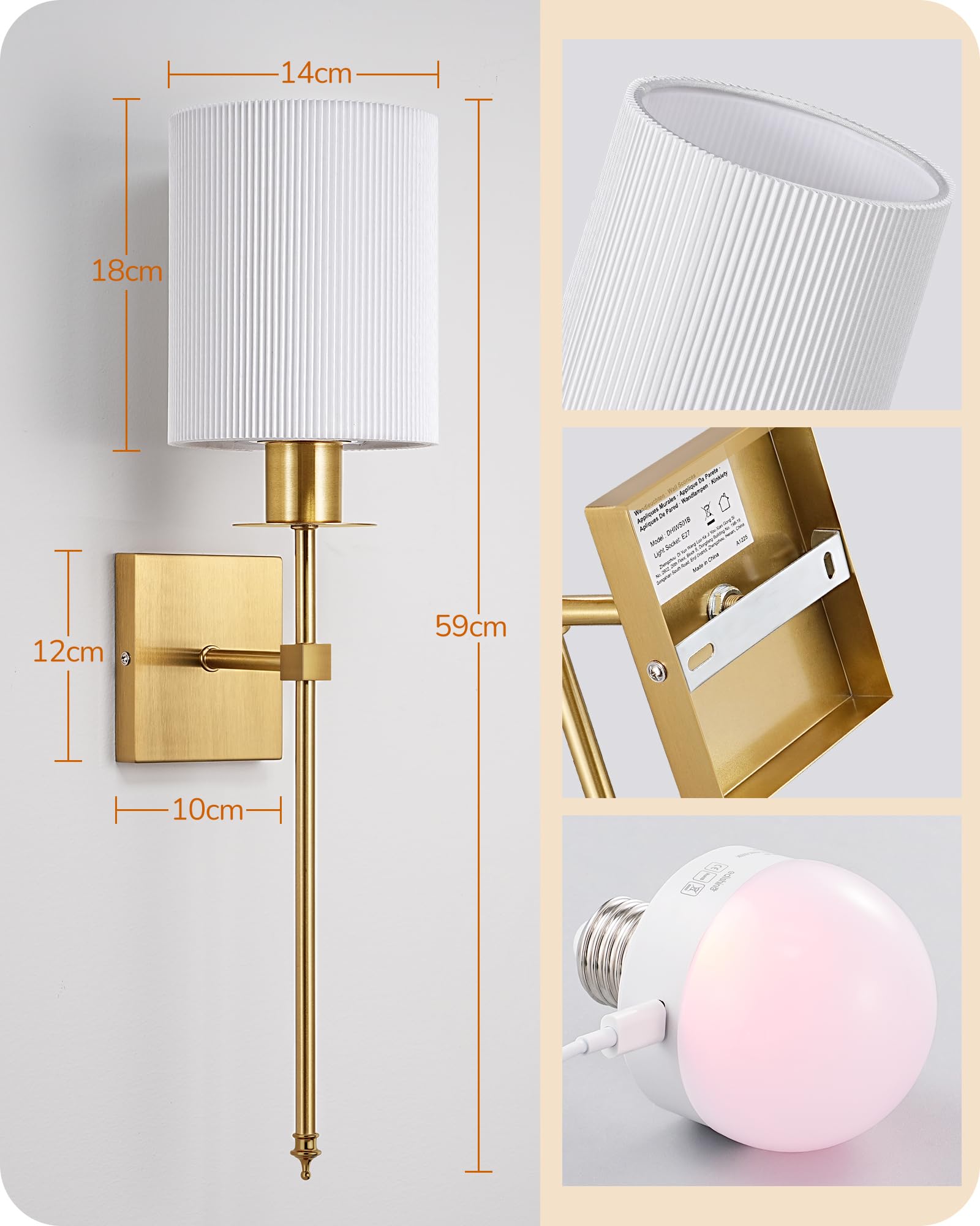 EDISHINE 2er Set Akku Wandleuchte Innen, RGBW LED dimmbar, Weiß & Bronze | E27 inkl. LED, kabellos, USB-C aufladbar, Fernbedienung, 12 Farben, 2 Modi, 3 Farbtemperaturen