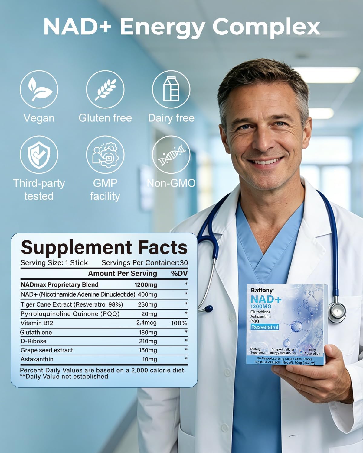 Battony NAD+ Liquid Supplement 1200mg – High Absorption Liquid Packets with NMN, Resveratrol, Glutathione, PQQ – Boost Cellular Energy & Healthy Aging for Men & Women – 30 Servings