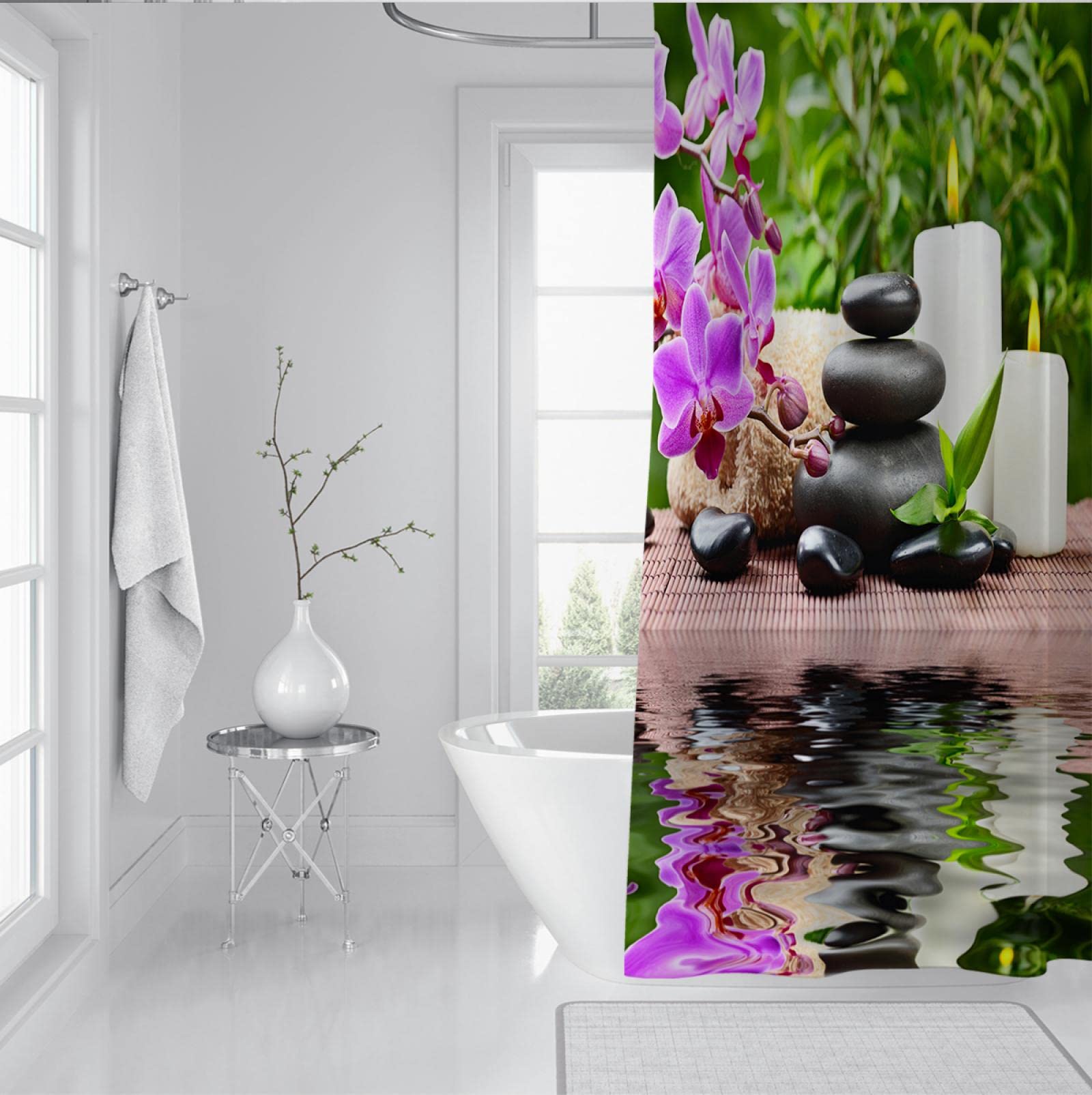 Zen Spa Lotus Zasłona prysznicowa Kamienie bazaltowe Ziołowe Olejek Zapachowy Świece Bambus Woda Japońska Medytacja Home Decor Wodoodporny zestaw W220 x L200 cm Kurtyna prysznicowa