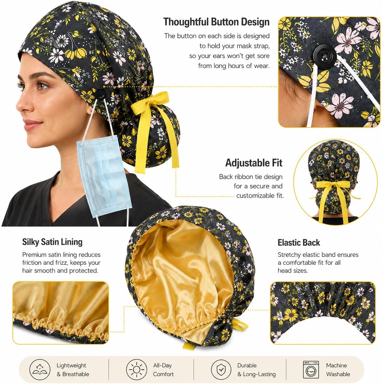 Women Satin Lined Scrub Cap Adjustable Ponytail Hat No Frizz for Nurses Doctors