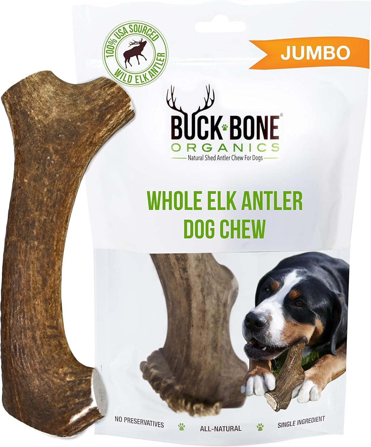 Buck Bone Organics Dog Chews, Elk Antlers for Dogs, Long Lasting Dog Bones for Aggressive Chewers, All Natural, No Preservatives, Wild Shed in the USA (Jumbo)
