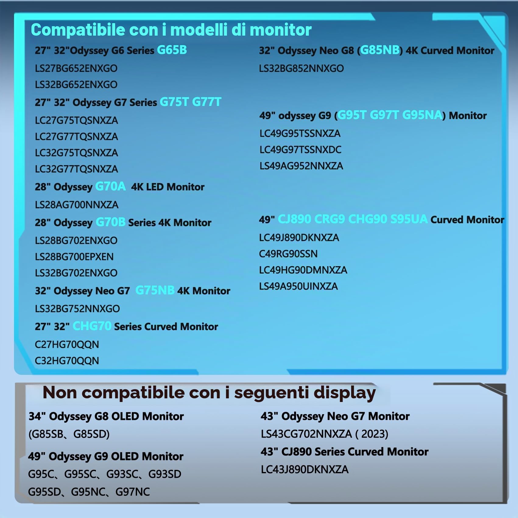 L'adattatore Odyssey G7 G8 G9 Vesa Mount è compatibile solo con Samsung Odyssey G7 G8 G9 Series G65B G75T G77T G70A G70B G75NB CJ890 CRG9 CHG70 CHG90 S95UA G85NB G95T G97T Monitor curvo 95NA