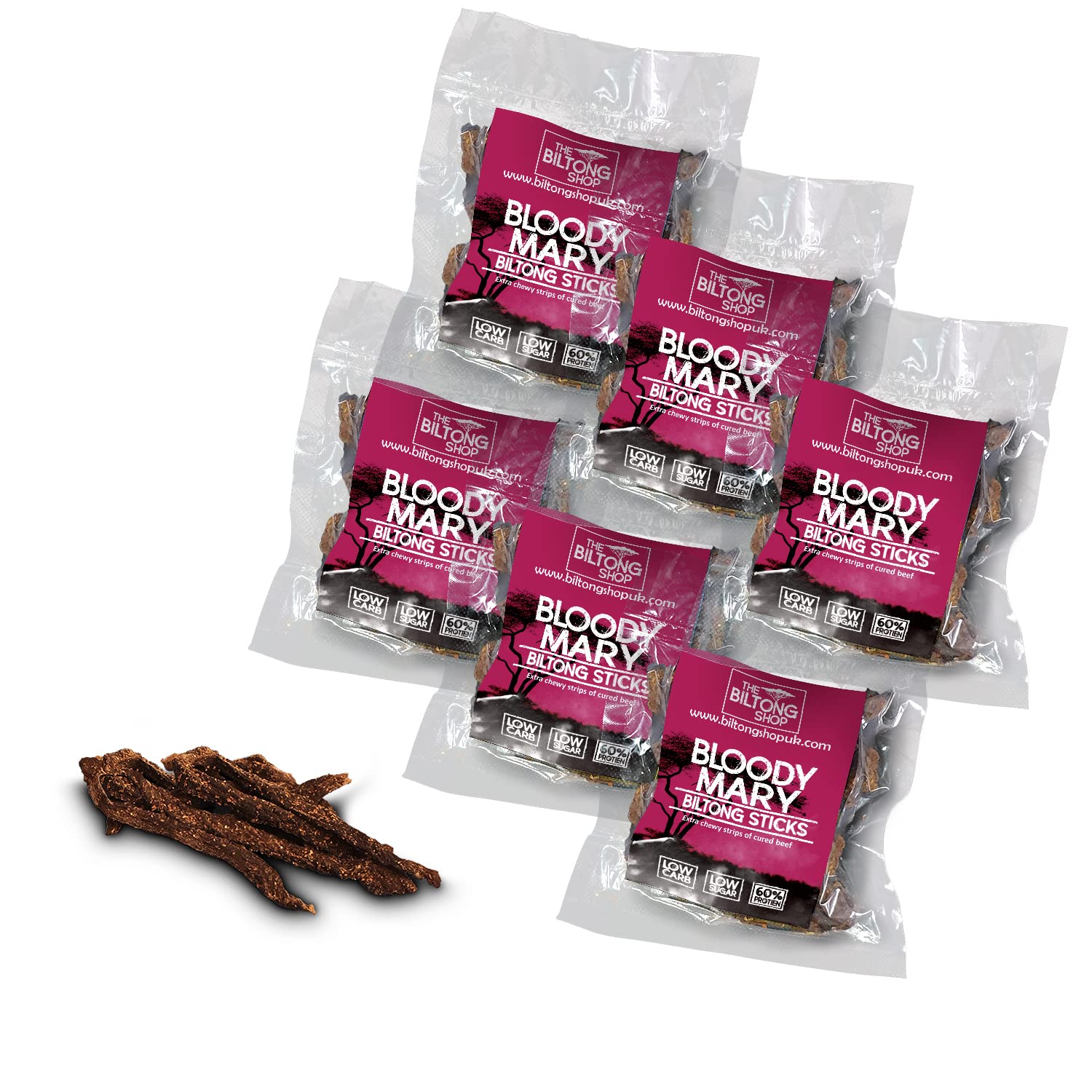 THE BILTONG SHOP - 6 x 58g Bags British Beef Biltong Bloody Mary Sticks. High Protein Savoury Low Carb Snack