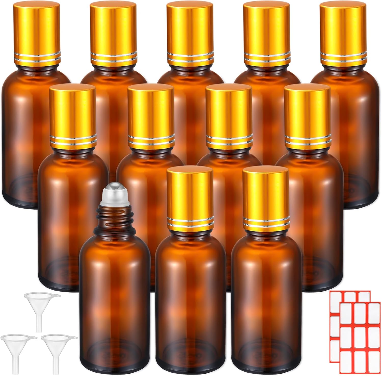 Sumind 24 Sets Clear 30ml Roller Glass Bottle Essential Oil with Stainless Steel Refillable Sample Container Brown Empty Roller Bottle Applicator with Funnel Sticker for Travel