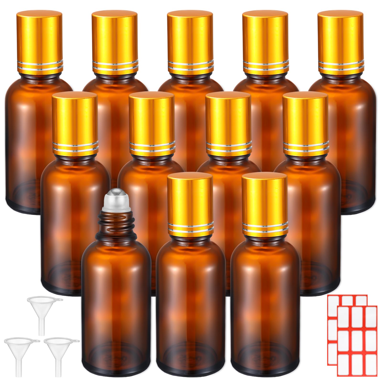 Sumind 12 Pcs 30ml Roller Glass Bottle Essential Oil with Stainless Steel Refillable Sample Container Brown Empty Roller Bottle Applicator with Funnel