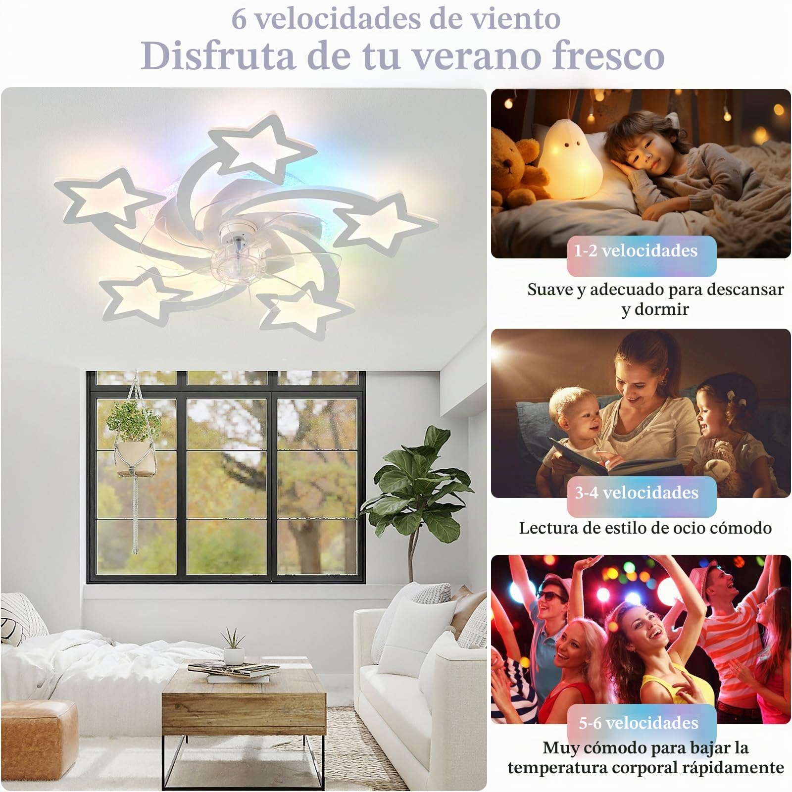 Moderno Estrella Blanca Ventilador De Techo Con Luz Y Mando A Distancia Dormitorio Niños RGB Plafon Led Ventilador Motor DC 6 Velocidades Reversible Silencioso Para Salon Habitación Infantil