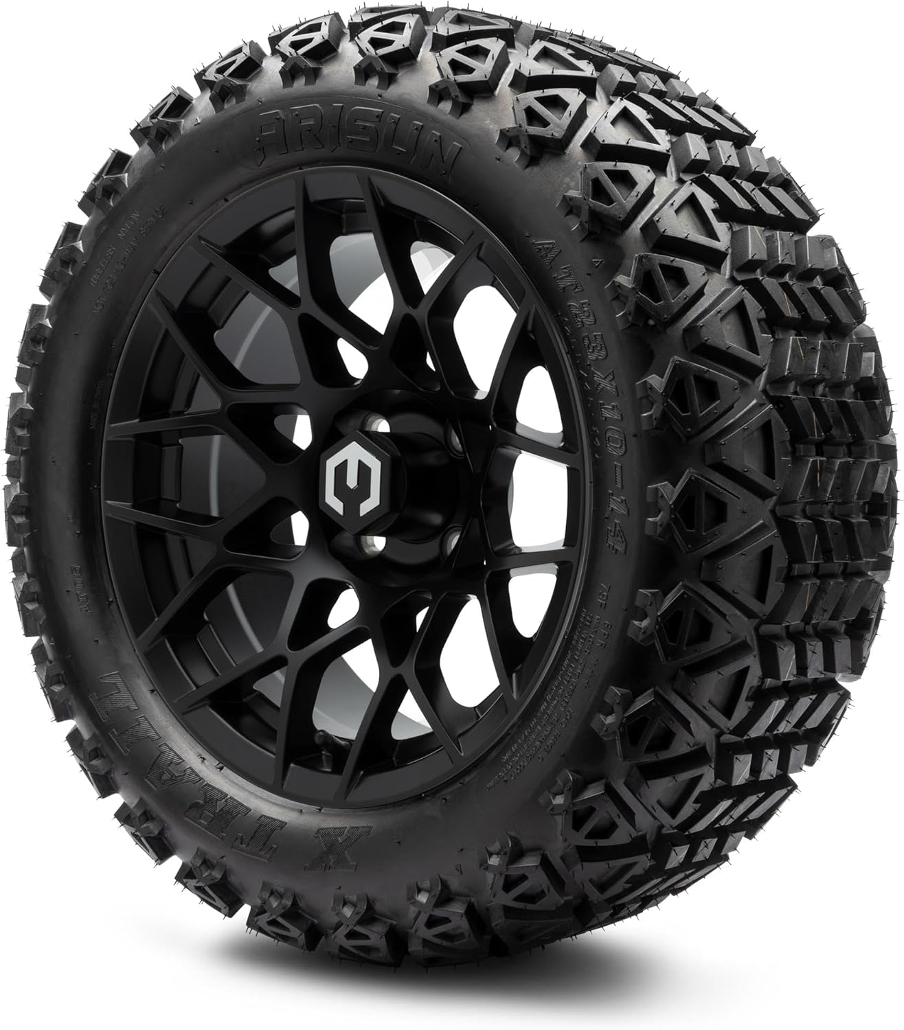 MODZ® Blitz Matte Black 14" Golf Cart Wheels and Arisun X-Trail (23x10-14) DOT All-Terrain Golf Cart Tires Combo - Set of 4