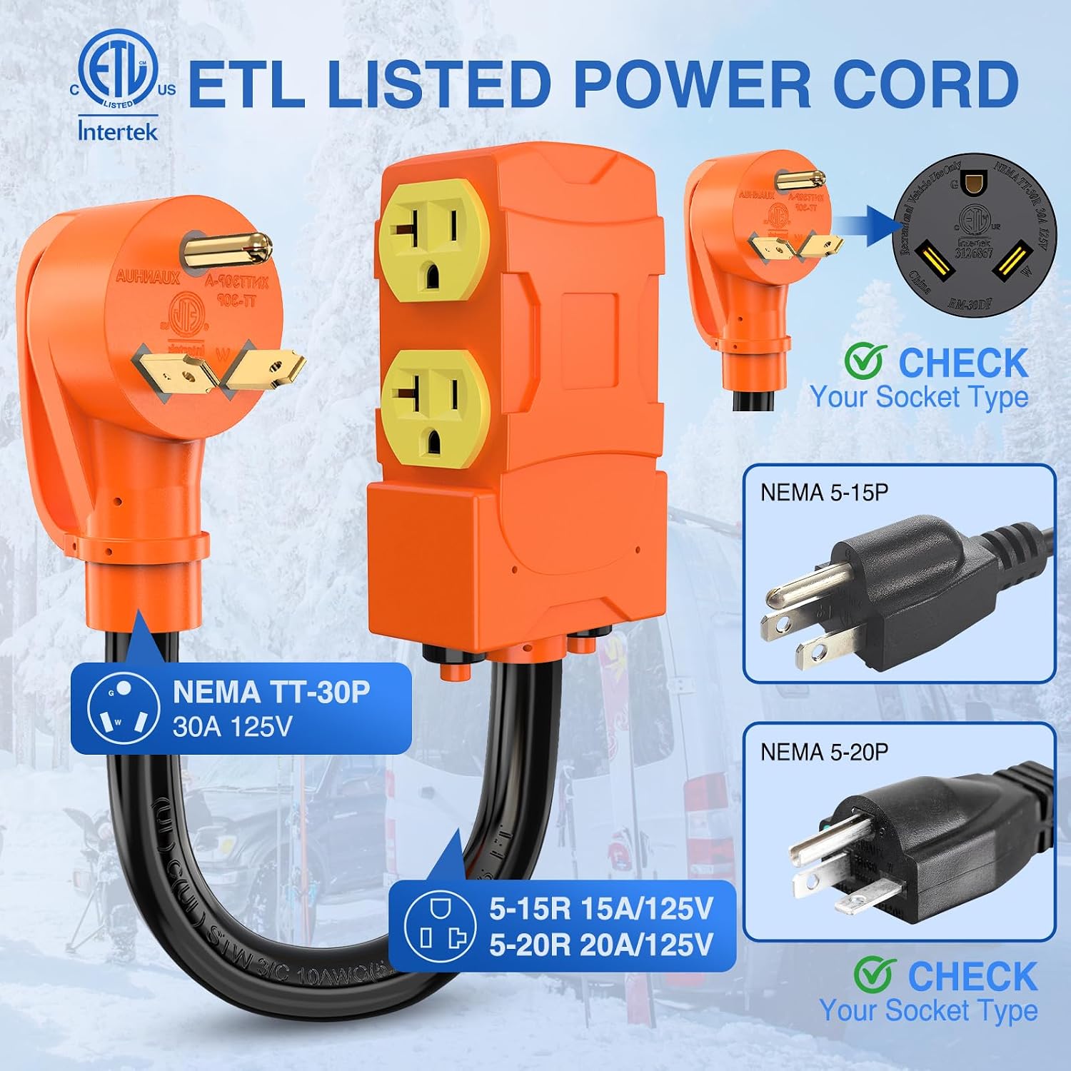 Nilight 30 Amp to 20 Amp 110V RV Power Adapter Cord with Circuit Breaker NEMA TT-30P Male to 4X 5-15R/5-20R Female RV Distribution Adapter Plug ETL Listed 4 Household Outlets for RVs Camper Generator