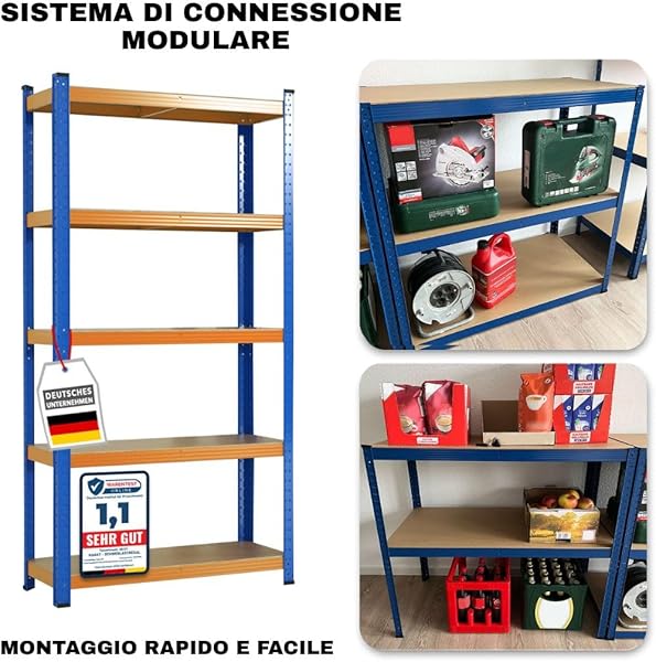 KARAT Heavy Duty Shelving Unit for Basement, Warehouse, Workbench, Load up to 1250 kg, Quick and Stable Assembly (Blue/Orange, 220 x 90 x 45 cm) - 4