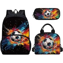 3Pcs Painting Soccer Backpack Sets, Kids Bookbag Primary School Daypack Elementary Students Knapsack with Insulated Lunch Box Pencil Case for Teens Boys