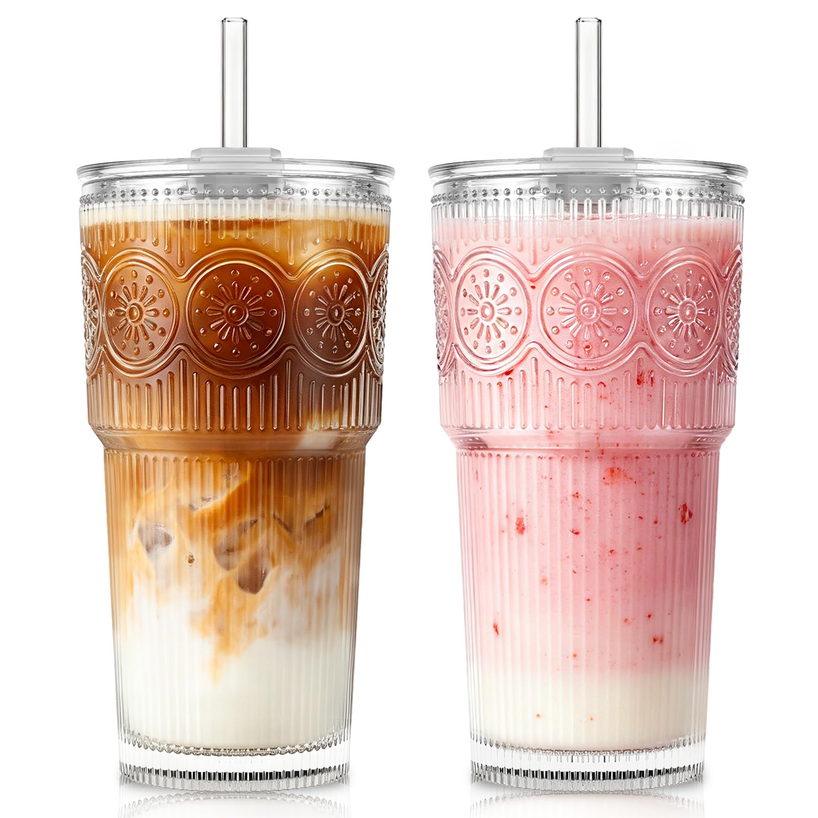 KEMORELA 600ml Glass Tumbler with Lid and Glass Straw, Set of 2 - Reusable Drinking Glasses for Iced Coffee, Water, Smoothies, Milk, Cocktails & Matcha - Everyday & Travel
