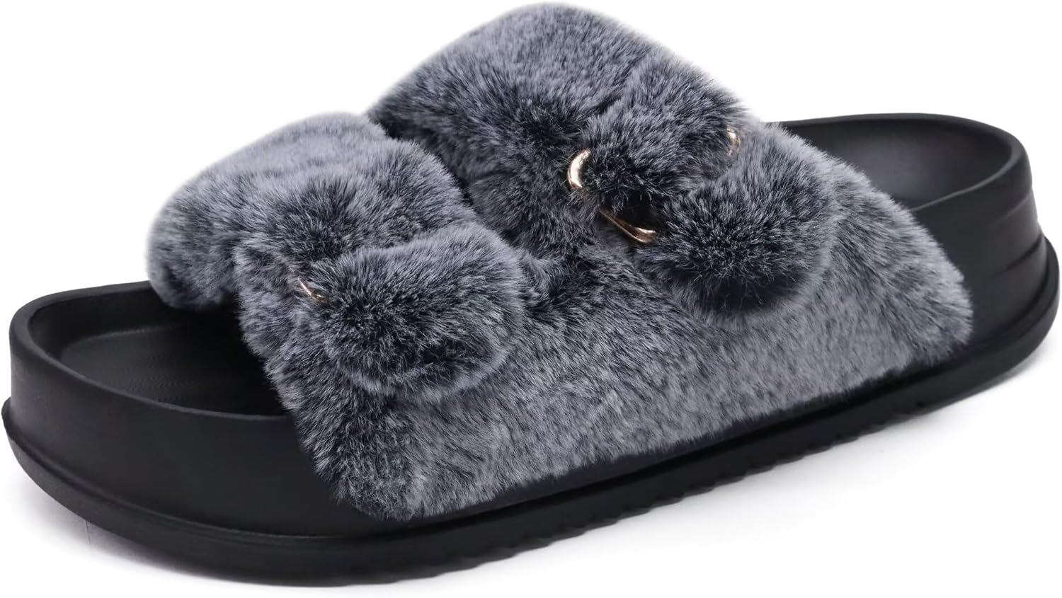 KuaiLu Women's Fluff Slippers Black Size 6, Plantar Fasciitis Arch Support Platform Slippers Ladies Fashion Open Toe Faux Fur Sliders House Slipper