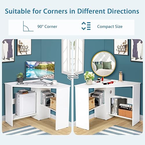 Miniatura 9 de Augester - Escritorio esquinero moderno, mesa de computadora triangular de 90 grados con estantes, agujero para cable, escritorio esquinero que