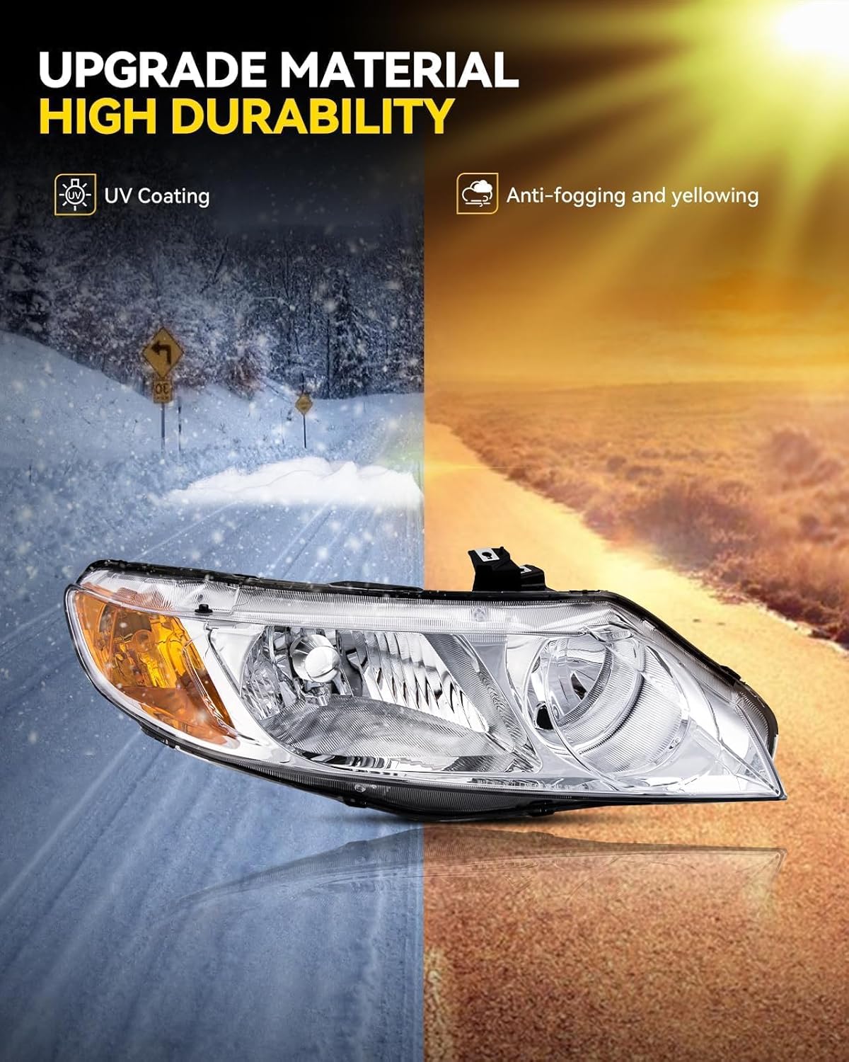 PHILTOP Headlight Assembly Replacement for 2006-2011 Civic Sedan 4-Door, Amber Headlamp Reflctor Clear Lens Chrome Housing