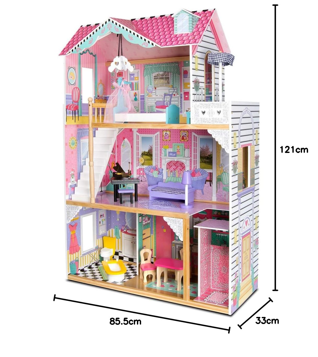 Casa delle Bambole in Legno Grande con Ascensore e Illuminazione, Villa a 3 Piani con Terrazza, Mobili e Accessori Inclusi, per Bambole fino 30 cm, Gioco di Ruolo Educativo, Regalo Bambini 3+