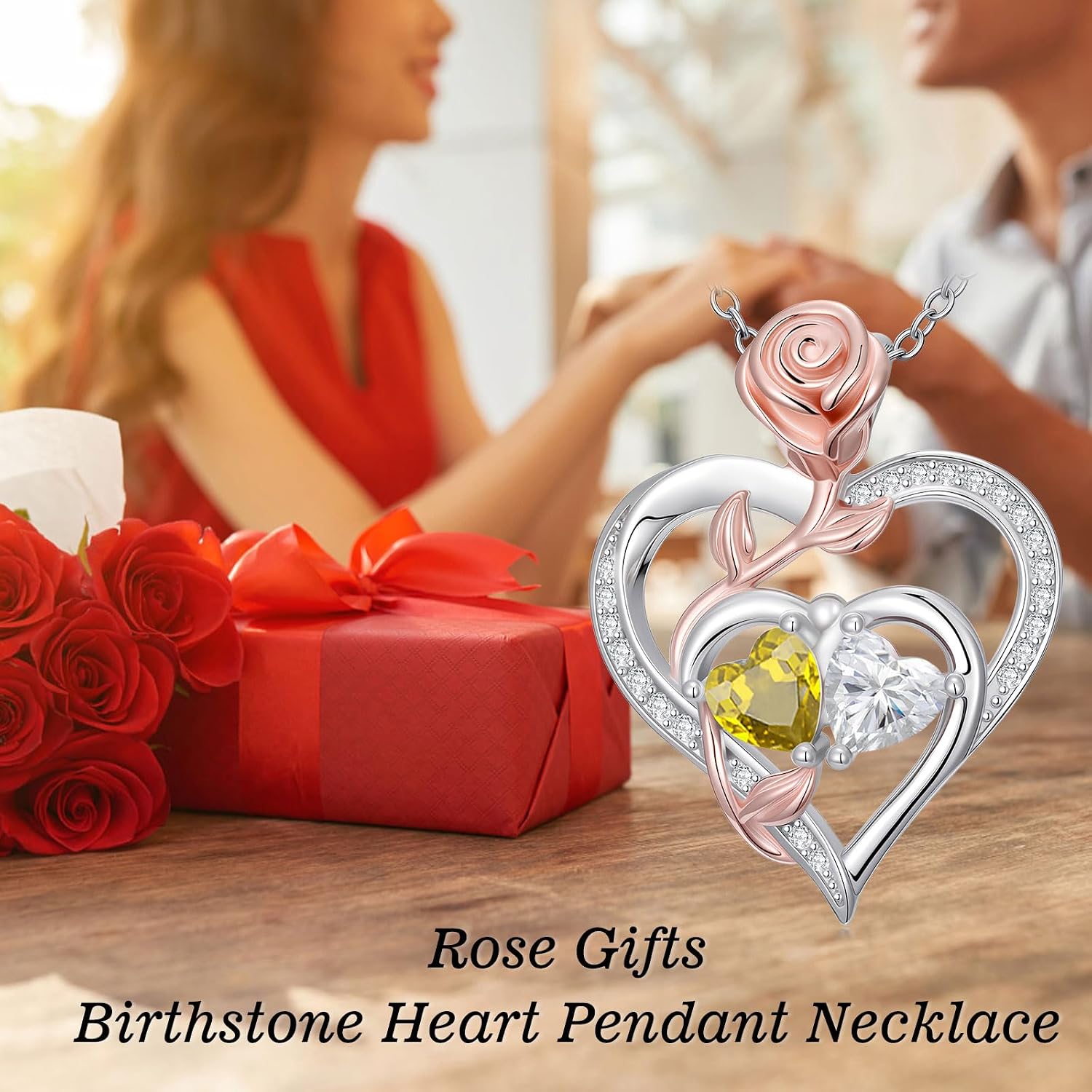 Rose Flower Heart Pendant for Women Birthday Gifts 18k Gold Plated Mother Daughter Necklace with 12 Months Birthstone Christmas Valentines Day Gifts for Her Mom Anniversarry Jewelry for Mom Wife Girlfriend