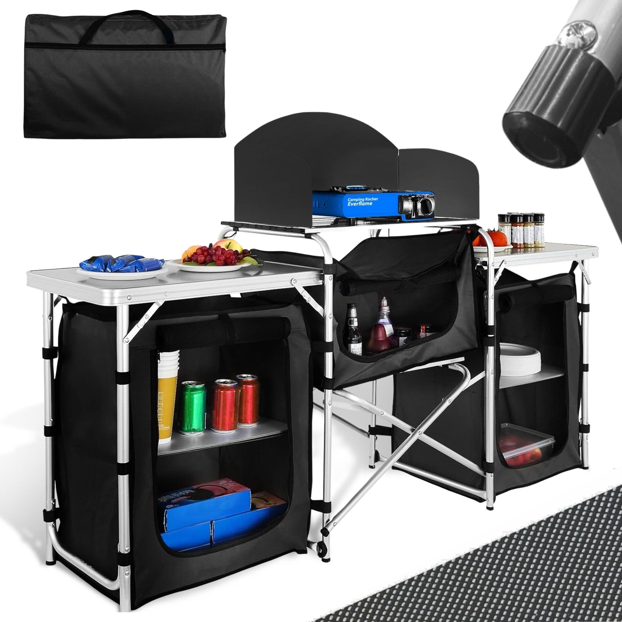 Campingschrank Camping Outdoor Vorzelt Campingmöbel, Camping Küche, faltbar, Reiseküche, Küchenschrank mit Arbeitsplatte und Staufächern für Outdoorküche, Vorzelt, Wohnwagen