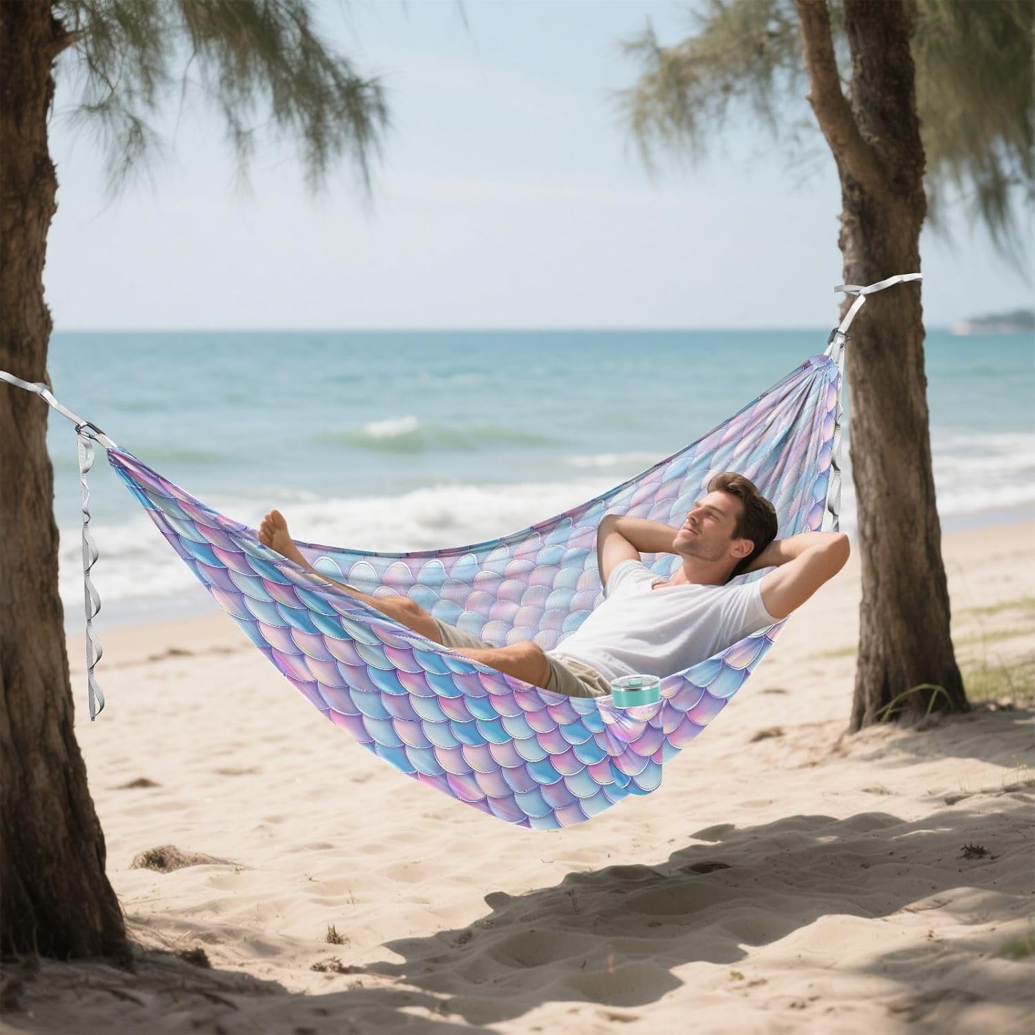 ALAZA Rainbow Mermaid Scale Camping Hammocks Single or 2 Person 500 lbs Portable Parachute Travel Hammock w/Tree Straps for Hiking Backpacking Indoor Outdoor