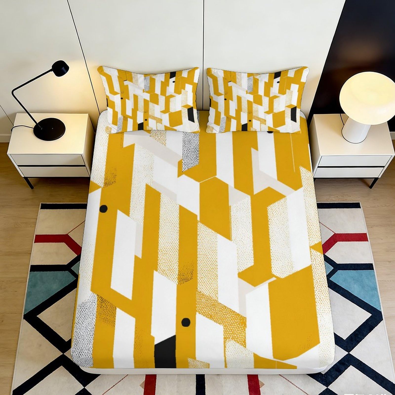 3D Printed Geometric Yellow Hexagon Fitted Sheet Microfiber Soft Modern Mattress Cover for Bedroom Decor Dorm 160x200x25cm