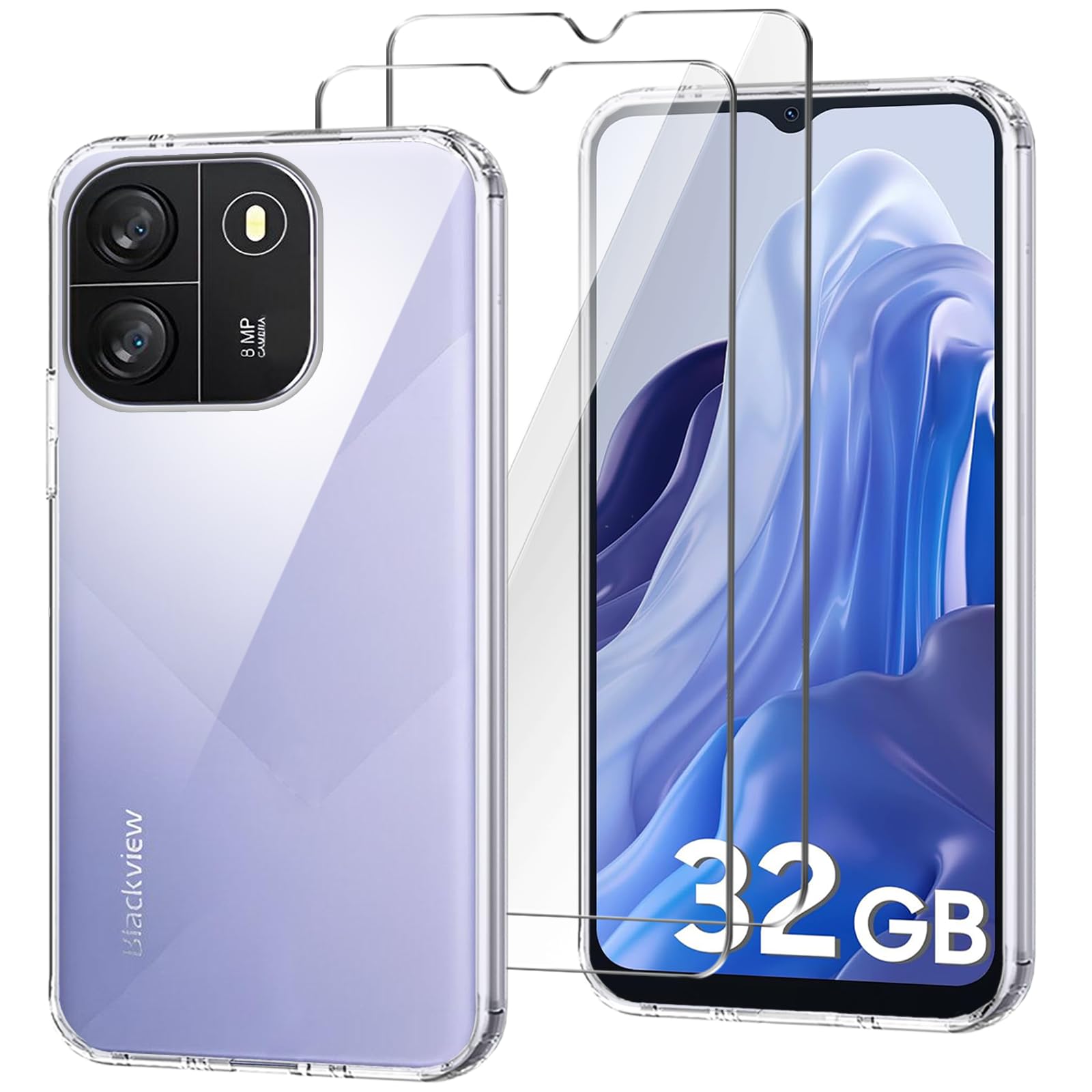 Coque Blackview Color 6 + 2 Verres Trempés – Transparente, Silicone TPU Souple, Protection Anti-choc