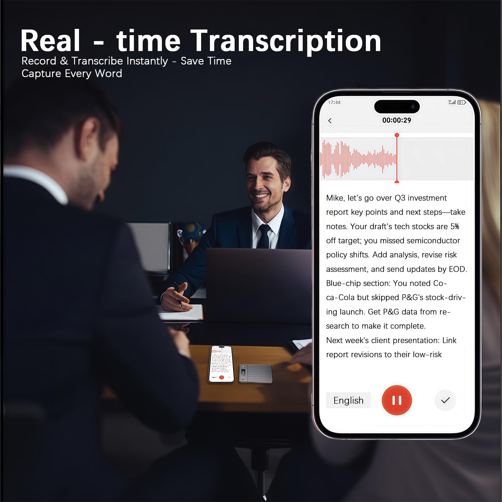 64GB Dictaphone Enregistreur Vocal IA – Transcription et Traduction dans 256 Langues, 1 200 Minutes gratuites par Mois, Double Microphone AI avec réduction du Bruit, écran HD pour Les réunions