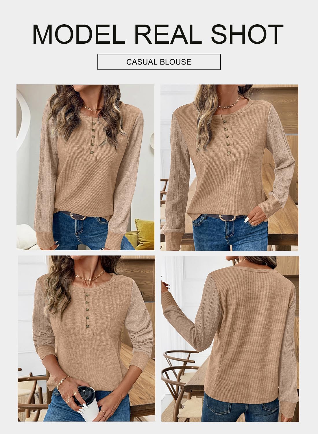 BLENCOT Womens Waffle Knit Tops Casual Long Sleeve Button Down Henley Basic Shirts - Image 5