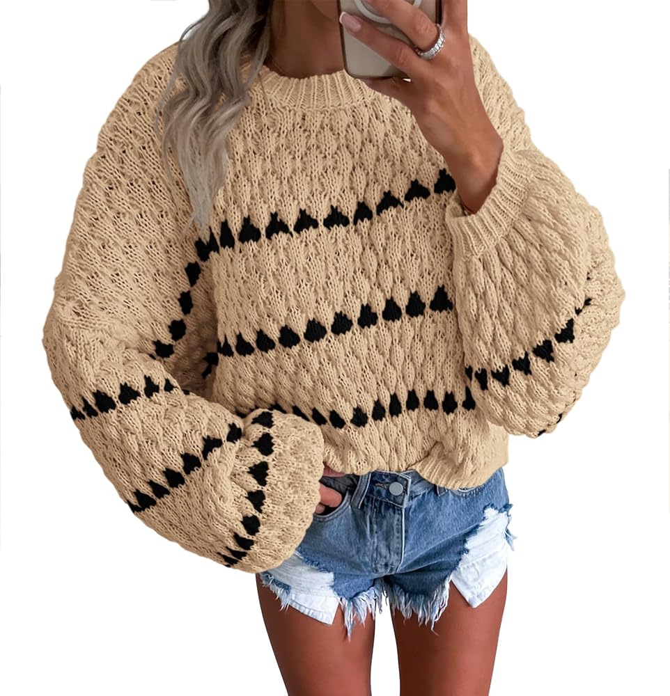 Okiwam Womens Long Sleeve Sweaters Crew Neck Striped Color