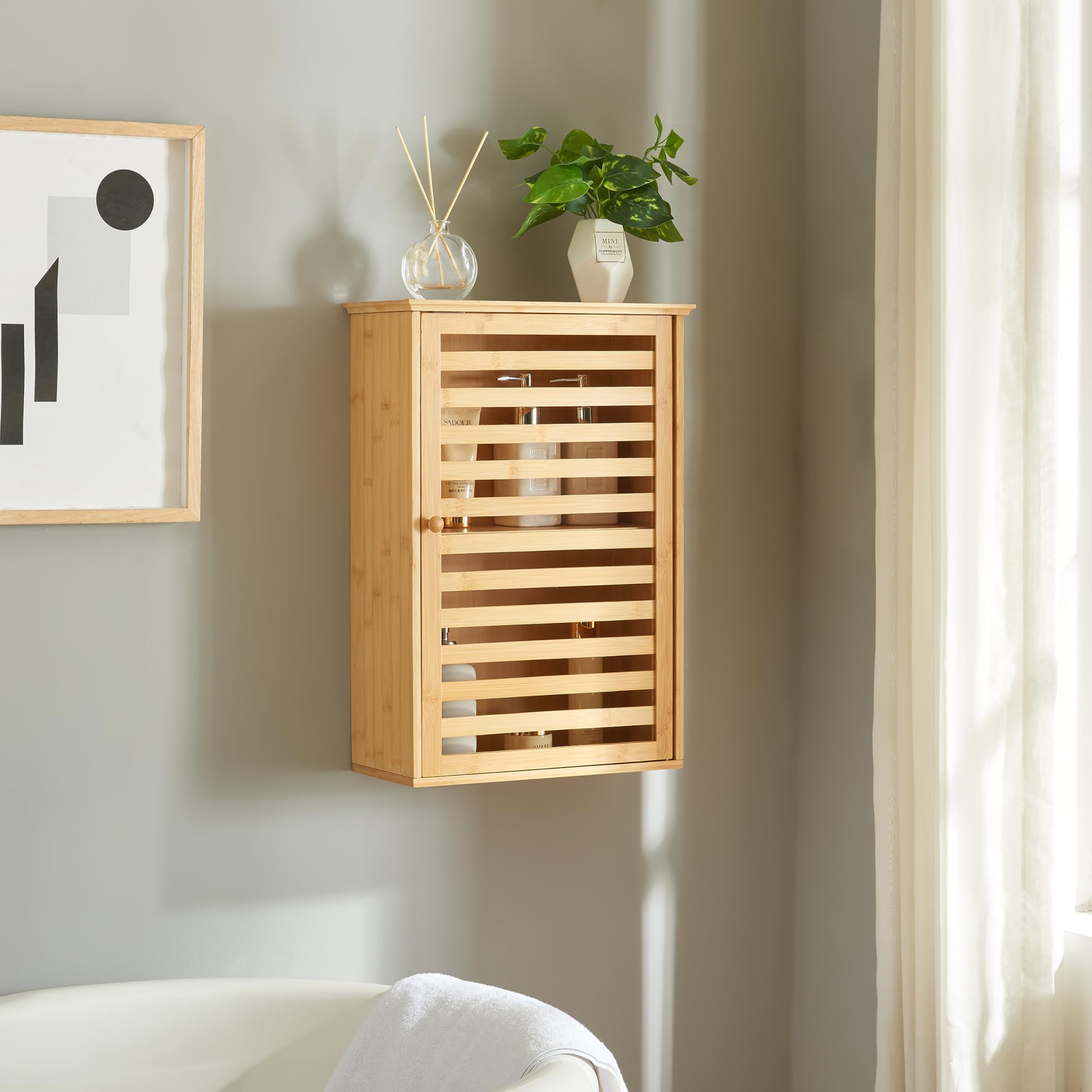 [en.casa] Armario de Baño Pared Järfälla Estantería Mural con Compartimentos Cerrados Mueble de Pared para Baño Cocina Dormitorio Oficina Bambú 55 x 37 x 16cm - Natural