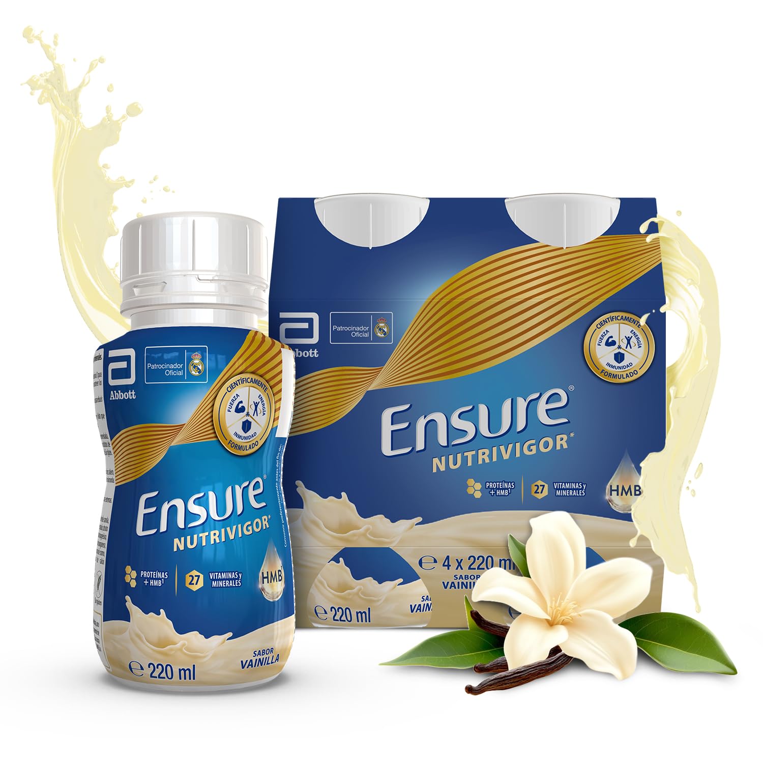 Ensure Nutrivigor - Complemento Alimenticio para Adultos, con HMB, Proteínas, Vitaminas y Minerales, como el Calcio - Sabor Vainilla - Pack de 4 Botellas x 220 ml