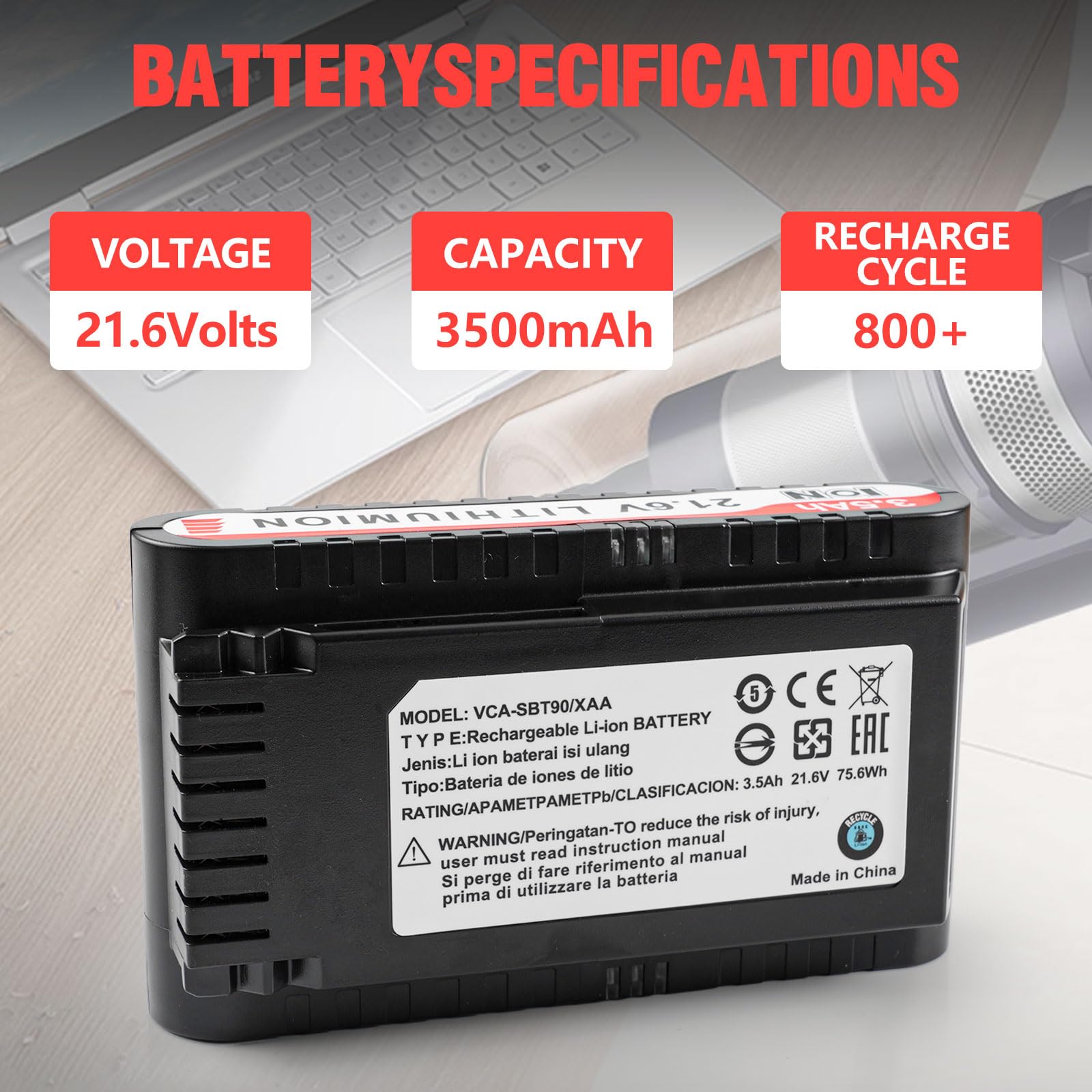 VCA-SBT90/XAA Batteria per Samsung Jet 75 Batteria, compatibile con Samsung Jet 75/75+/75 Pet/Jet 90/90+, VS20R9046T3/AA VS20T7536T5/AA 3500mAh