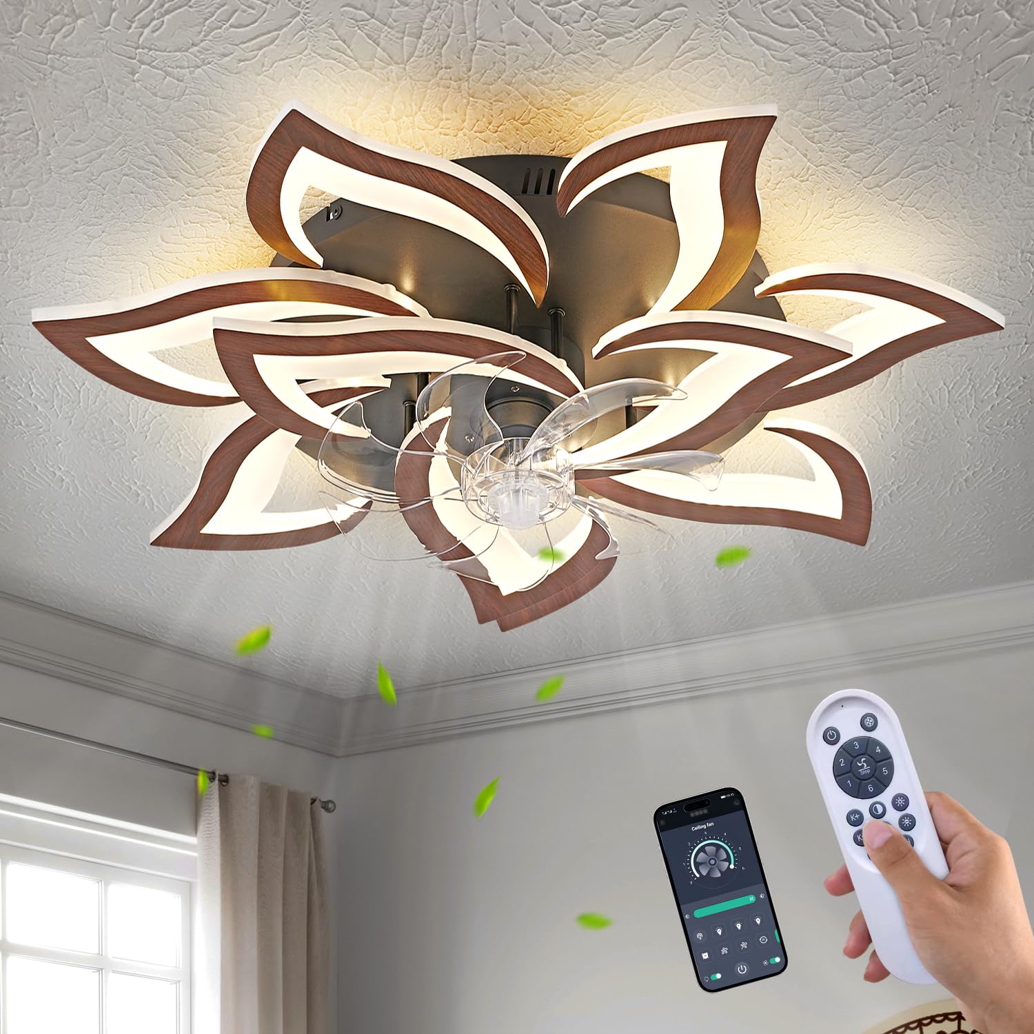 Ceiling Fan With Lights, LED Remote Control 3-Color Lighting 3 Wind Speeds, Invisible Blades Flush Mount Ceiling Light, Enclosed Metal Shell Low Profile Fan,19.7'',Coffee Gold